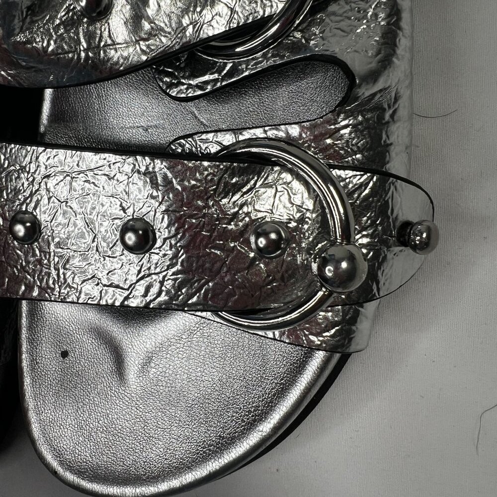 Rebecca Minkoff Vachel Metallic Buckled Slides In Silver Sandals 9 - Picture 12 of 15